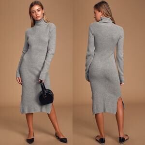 Lulu's Sheerah Heather Grey Turtleneck Midi Sweater Dress Ribbed Knit Size XL
